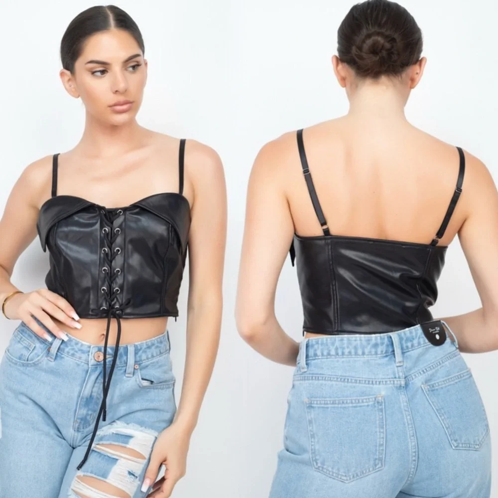 Black Lace-Up Leather Crop Top